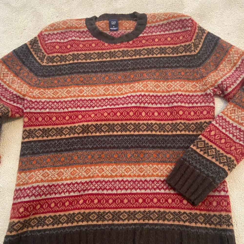 GAP Womens 100% Lambs’ Wool Striped Crewneck Sweater - Red, Orange, Brown